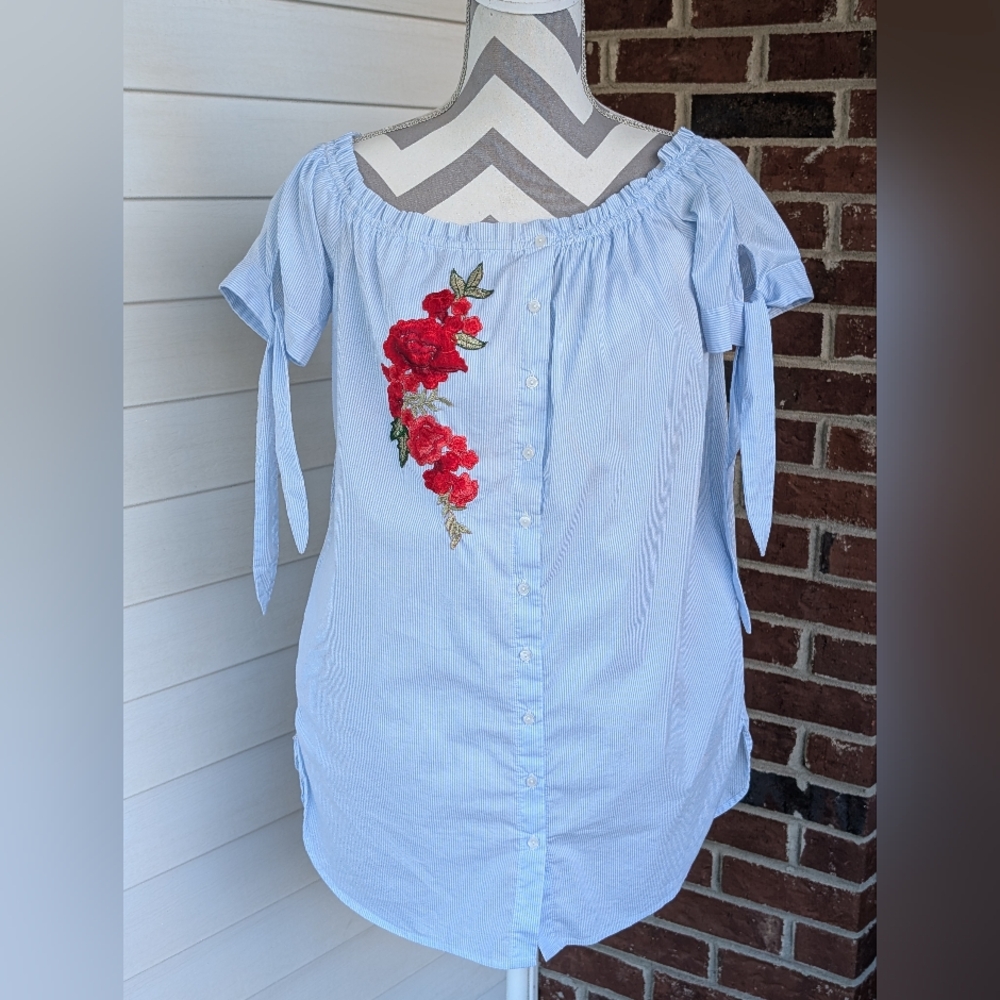 Forever 21 Blue Off-Shoulder Tunic With Red Floral Embroidery And Pockets Medium